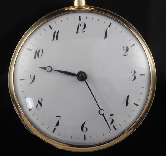 A 19th century Swiss? 18ct gold open face quarter repeating keywind pocket watch,